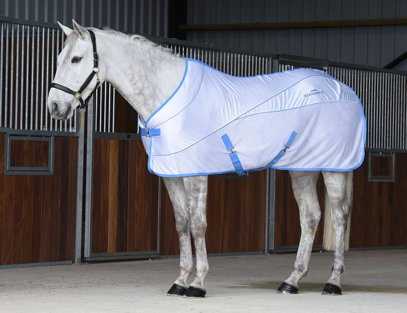 Grey horse standing in a stable wearing WeatherBeeta Air Tec Cooler Standard Neck rug